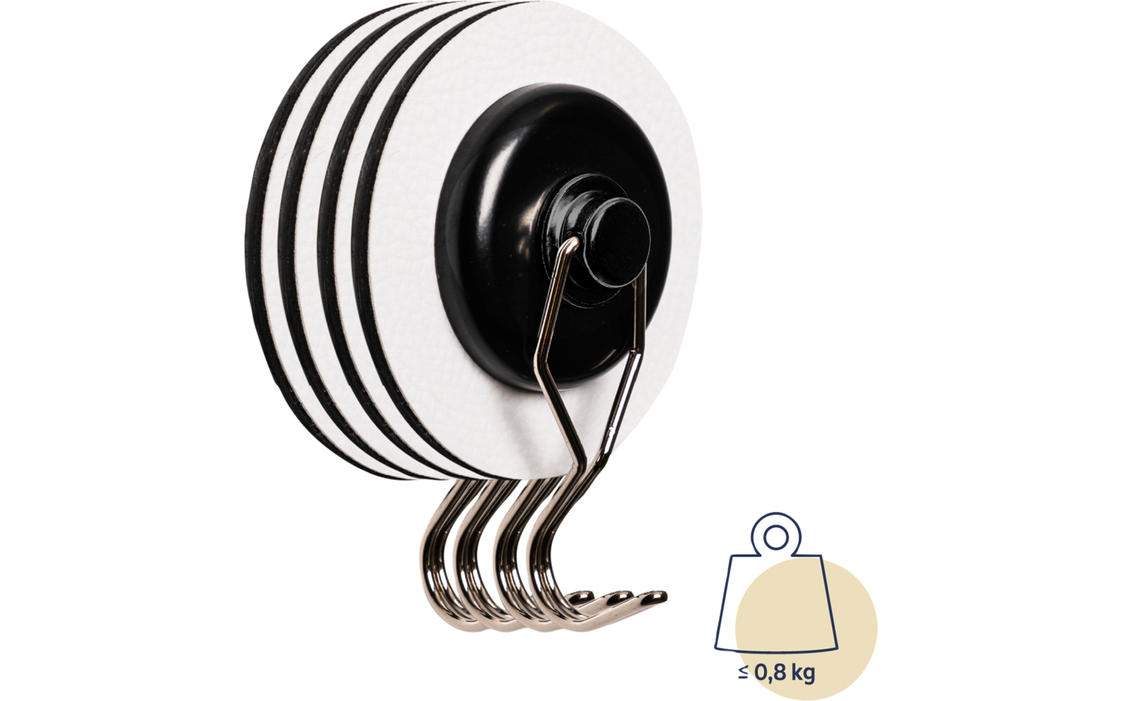 Four white round hooks with black edges attached to a black holder