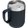 Gobelet bleu foncé mat avec anse, bord en acier inoxydable et couvercle plastique transparent