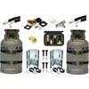 Two gray metal gas cylinders with valves, hoses, metal brackets, screws, brass fittings and a black zippered pouch with adapters