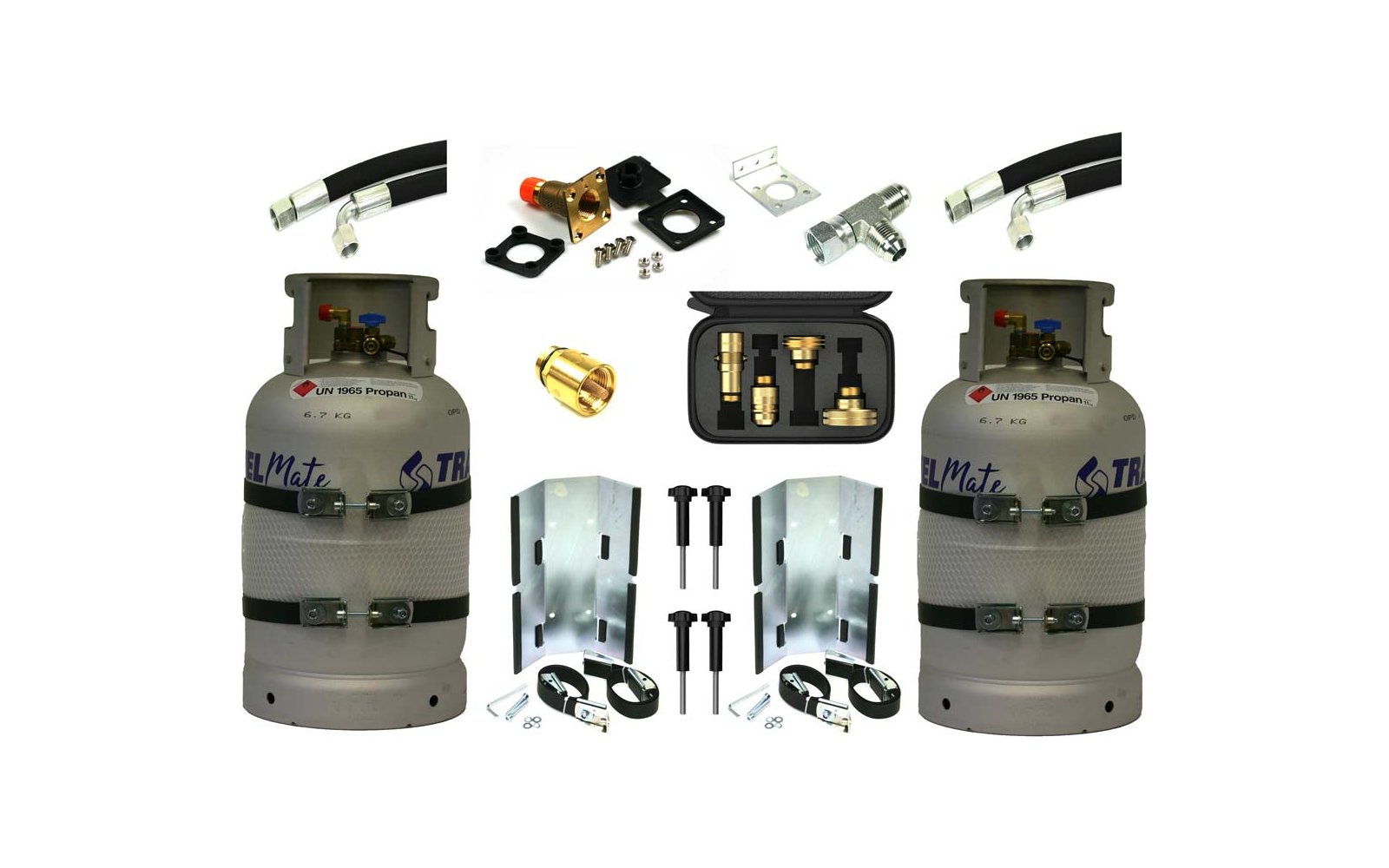 Two gray metal gas cylinders with valves, hoses, metal brackets, screws, brass fittings and a black zippered pouch with adapters