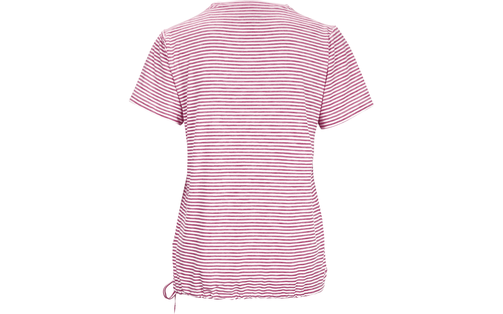 Rückansicht eines kurzärmeligen T-Shirts mit horizontalen rosa-weißen Streifen, geraffter Saum mit Kordelzug an der linken Seite