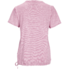 Rückansicht eines kurzärmeligen T-Shirts mit horizontalen rosa-weißen Streifen, geraffter Saum mit Kordelzug an der linken Seite