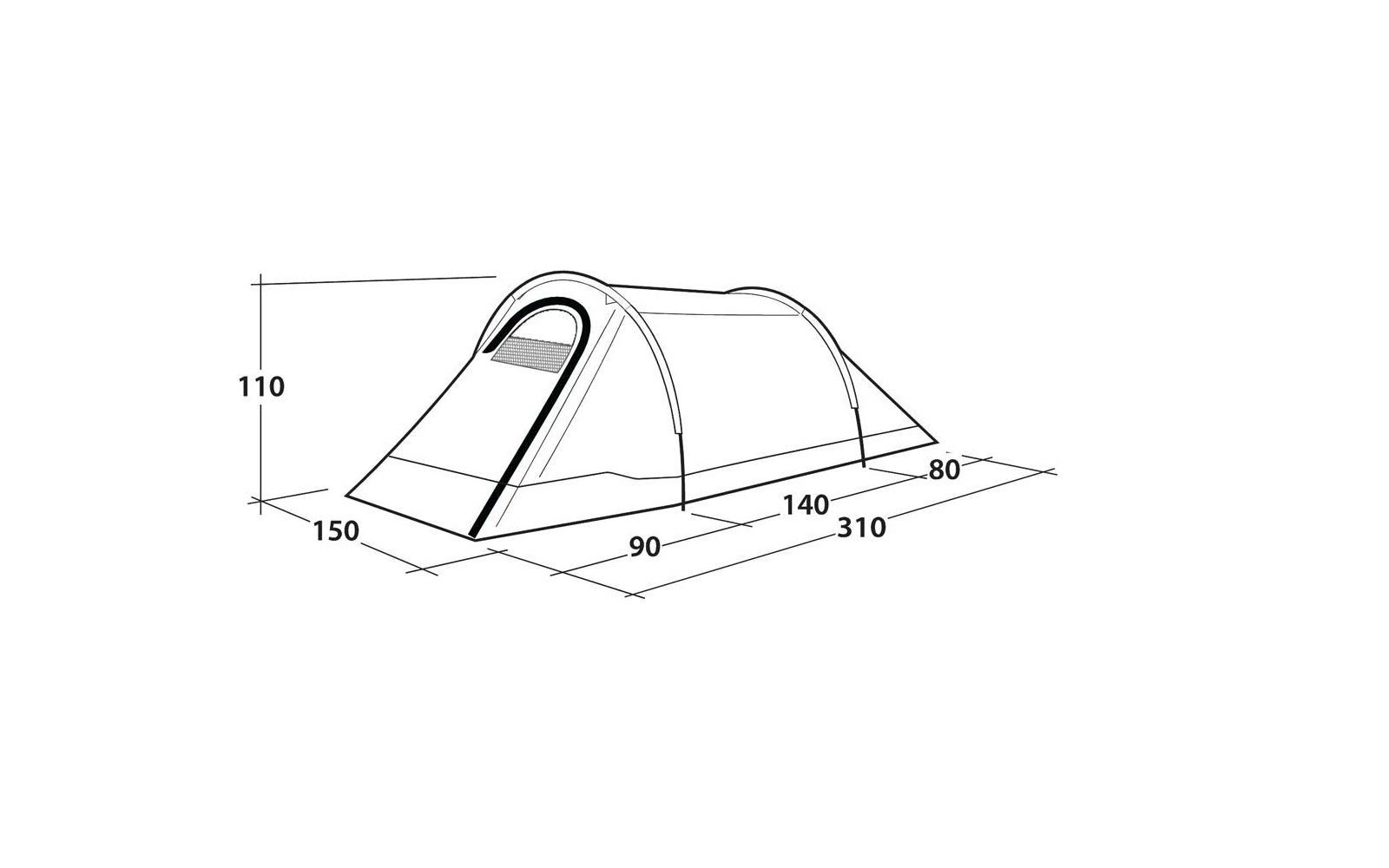 Schwarz-weiße technische Zeichnung eines tunnelförmigen Zelts mit geöffnetem Vordach, kleinem rechteckigem Fenster und Maßangaben 110, 150, 90, 140, 80, 310