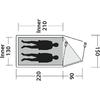 Draufsicht-Skizze eines Zwei-Personen-Zeltes mit zwei liegenden Silhouetten und Maßen: Innenbreite 130 cm, Innenlänge 210 cm, Gesamtlänge 220 cm, Frontvorbau 90 cm, Außenbreite 150 cm