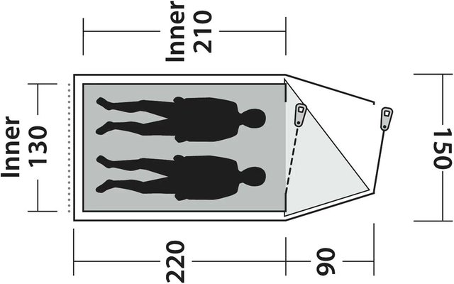 Draufsicht-Skizze eines Zwei-Personen-Zeltes mit zwei liegenden Silhouetten und Maßen: Innenbreite 130 cm, Innenlänge 210 cm, Gesamtlänge 220 cm, Frontvorbau 90 cm, Außenbreite 150 cm