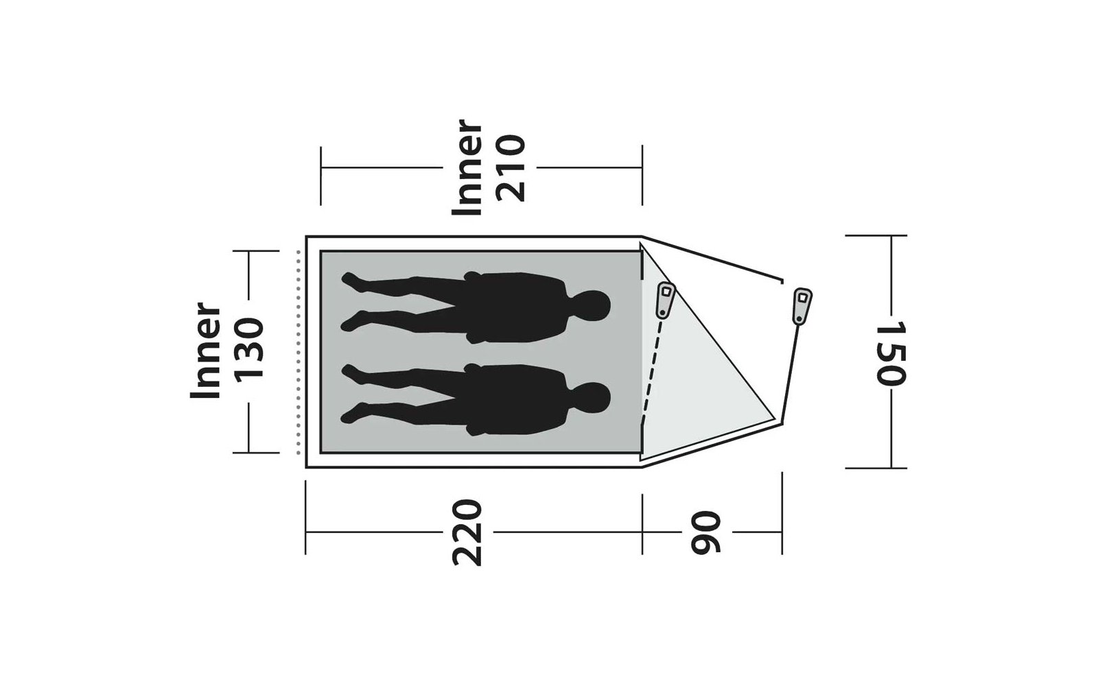 Draufsicht-Skizze eines Zwei-Personen-Zeltes mit zwei liegenden Silhouetten und Maßen: Innenbreite 130 cm, Innenlänge 210 cm, Gesamtlänge 220 cm, Frontvorbau 90 cm, Außenbreite 150 cm