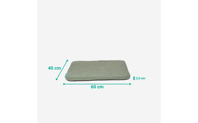 Flaches rechteckiges hellgrau-grünes Polster mit Stoffoberfläche; grüne Maßpfeile mit Beschriftung '60 cm', '40 cm' und '2,5 cm'