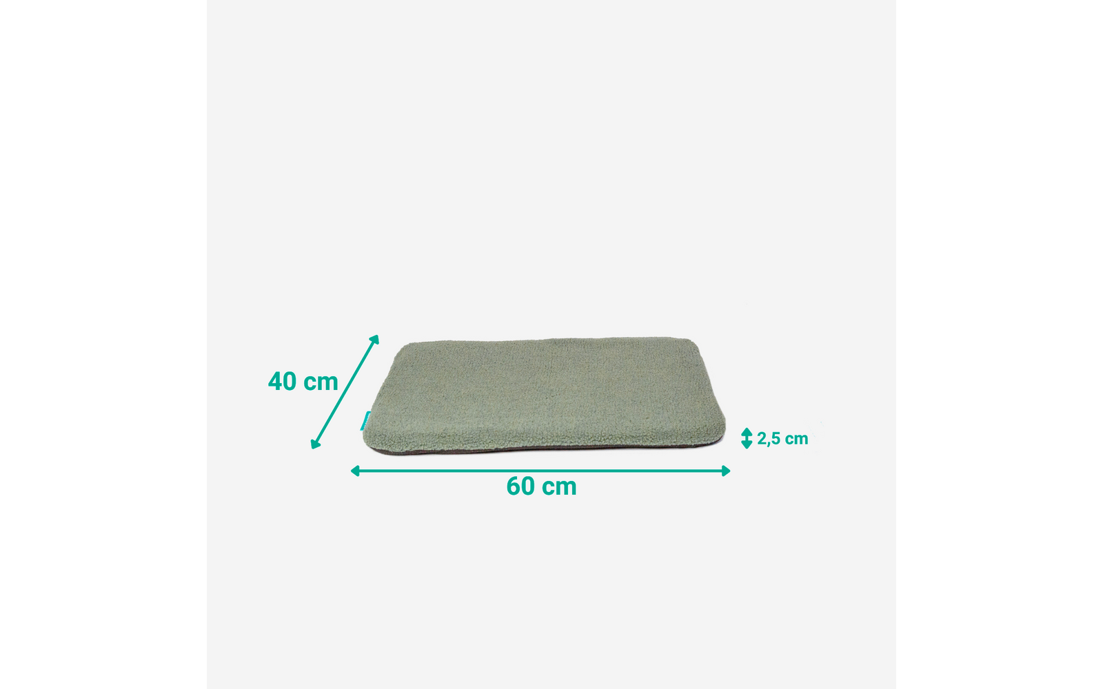 Flaches rechteckiges hellgrau-grünes Polster mit Stoffoberfläche; grüne Maßpfeile mit Beschriftung '60 cm', '40 cm' und '2,5 cm'