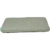 Coussin plat rectangulaire vert-gris clair avec coins arrondis et petite étiquette turquoise sur fond blanc