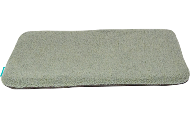 Coussin plat rectangulaire vert-gris clair avec coins arrondis et petite étiquette turquoise sur fond blanc