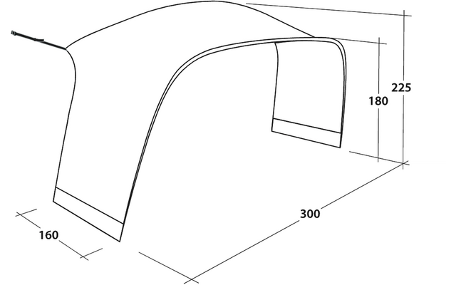 Schwarz-weiße technische Zeichnung eines gewölbten Baldachins mit zwei Stützen und Maßangaben 300, 160, 225 und 180