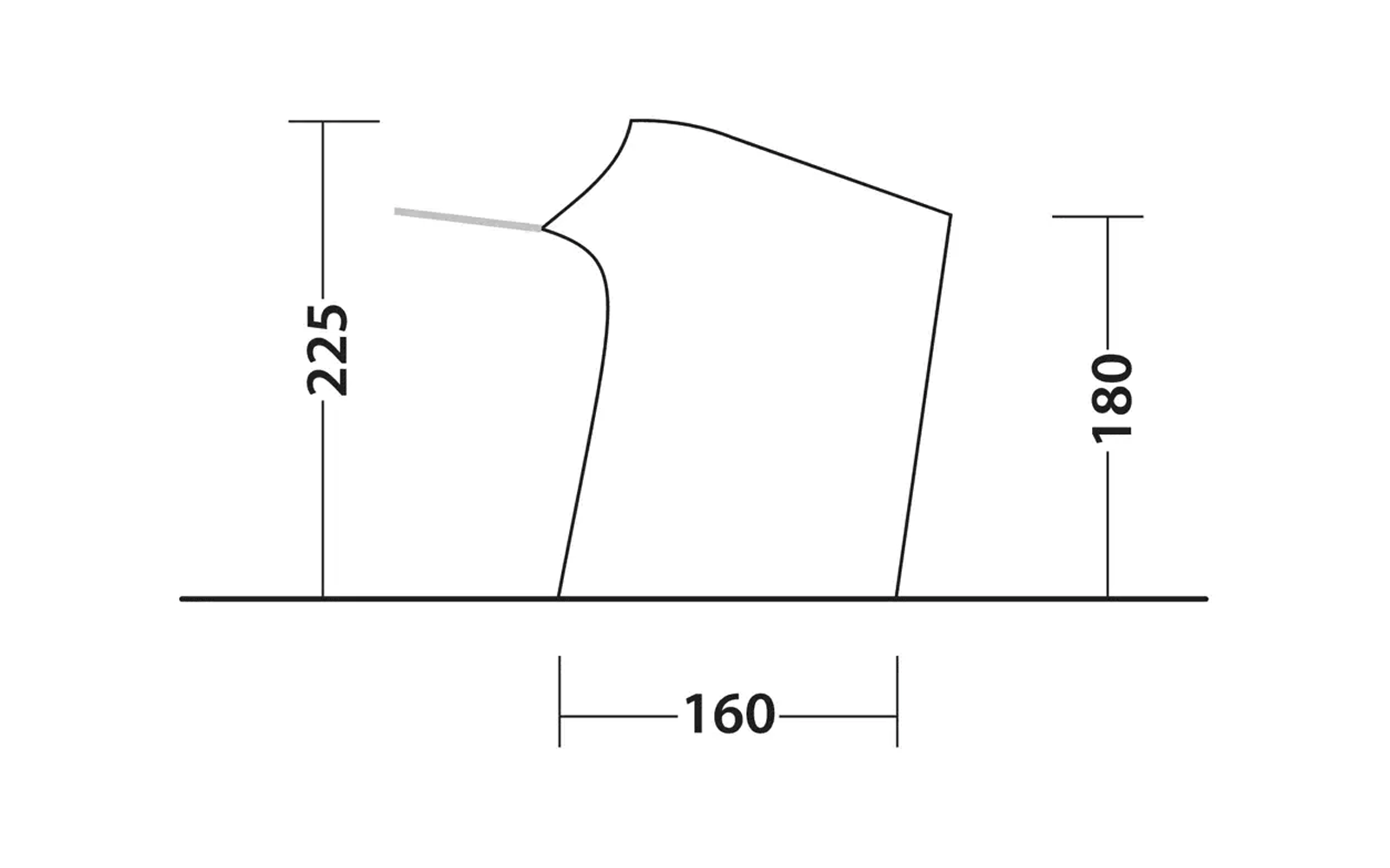 Schwarze Umrisszeichnung einer geneigten, asymmetrischen Form auf einer horizontalen Grundlinie. Linker vertikaler Maßstrich mit der Zahl '225', rechter vertikaler Maßstrich mit der Zahl '180'. Horizontaler Maßstrich unter der Form mit der Zahl '160'