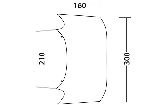 Schwarz-weiße Darstellung einer gebogenen Form mit eingezogenen Seiten und abgerundeten Ecken. Maßangaben: oben 160, rechts 300, links 210