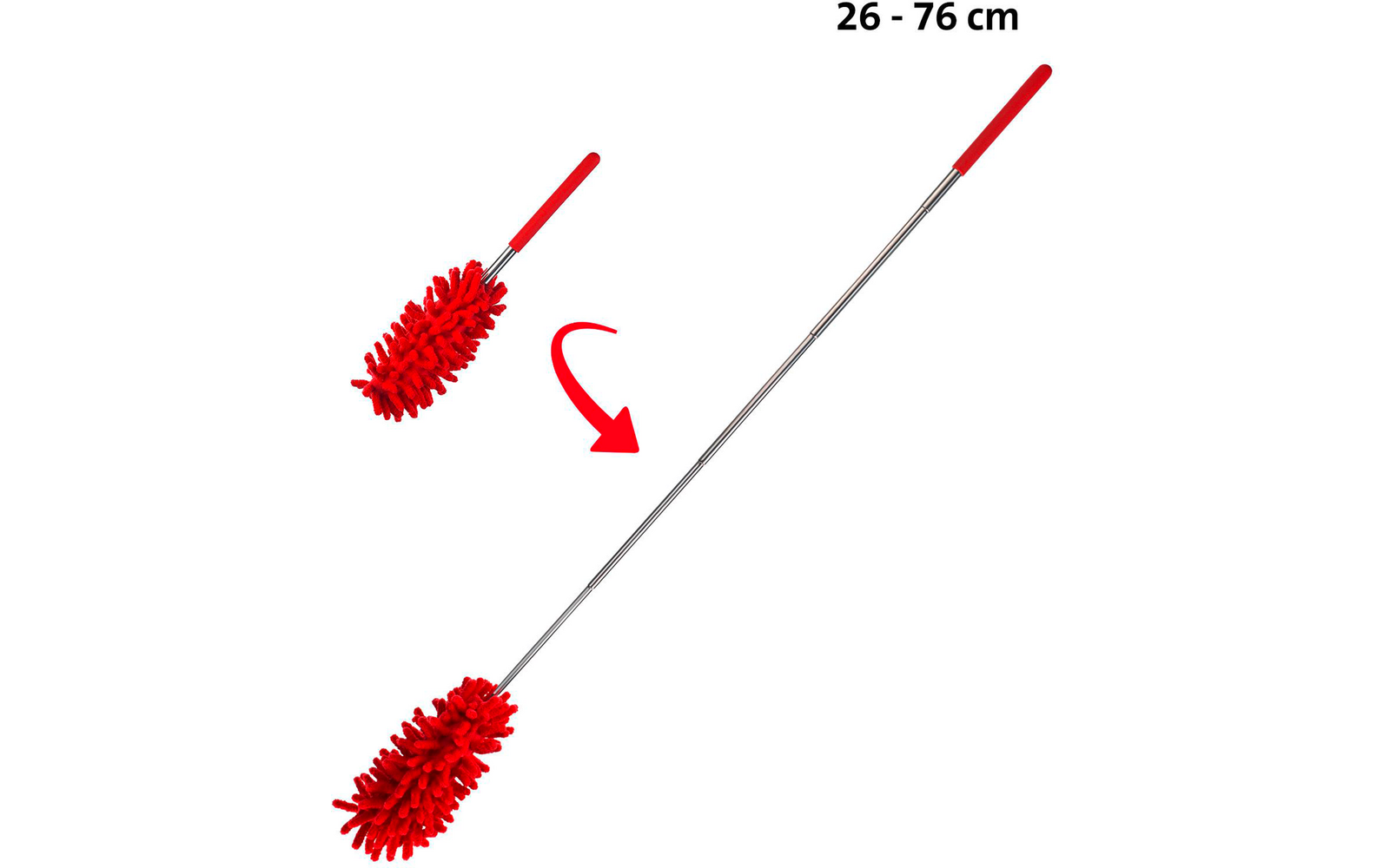 Tête de brosse rouge à franges, manche rouge et tige télescopique argentée indiquée '26 - 76 cm', flèche rouge montre l'extension, fond blanc