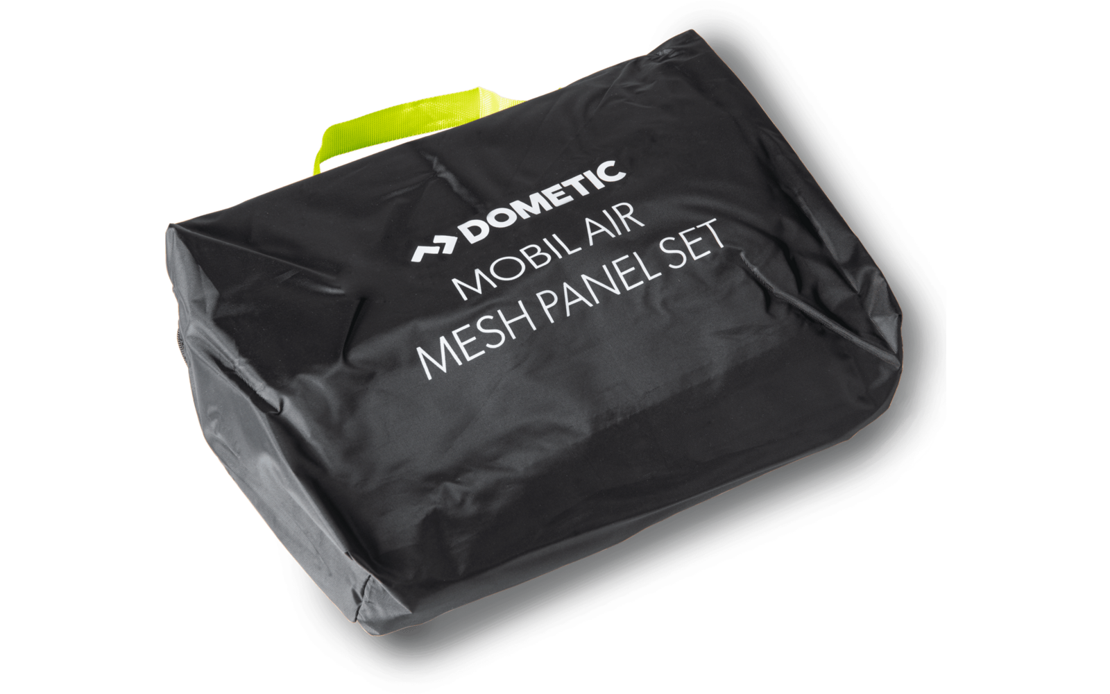 Schwarze rechteckige Stofftasche mit neongelbem Griff, weißer Aufdruck "DOMETIC MOBILAIR MESH PANEL SET", leichte Falten, weißer Hintergrund