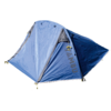 Blue camping tent with gray entrance, yellow loops and dark letters