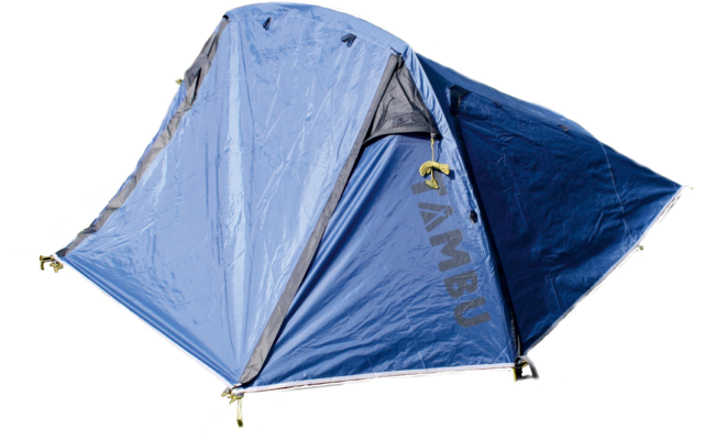 Blue camping tent with gray entrance, yellow loops and dark letters