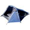 Blue tent with open entrance and visible air mattress on white background