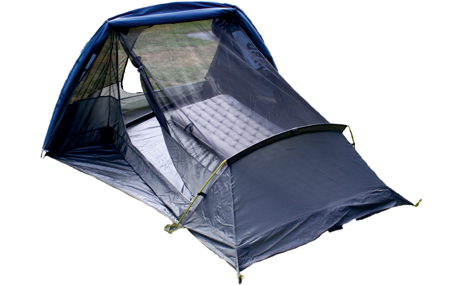 A blue tent with open mosquito netting and a gray inflatable sleeping pad inside, on a white background