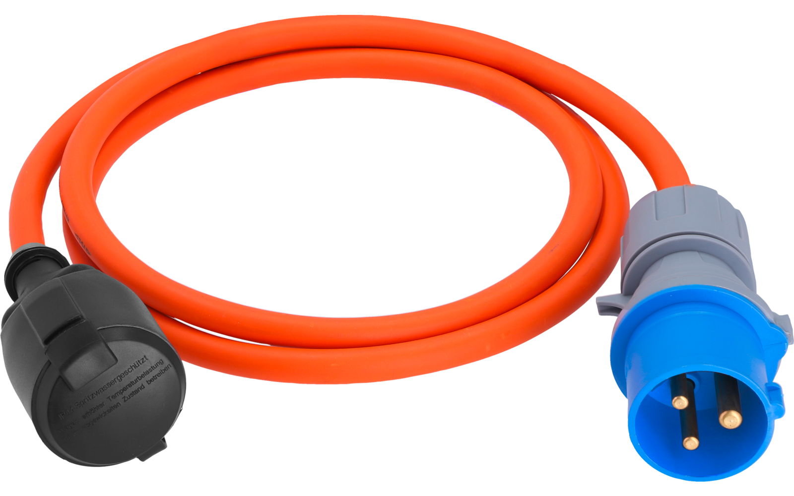 Oranges aufgerolltes Kabel mit blauem drei­poligen Stecker und schwarzer, abgedeckter Buchse