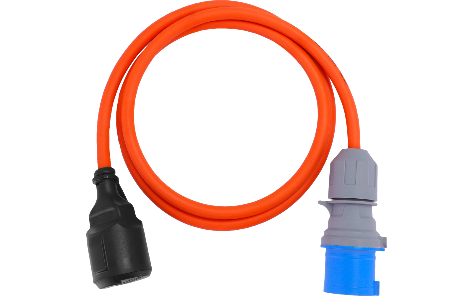 Oranges Kabel zu einer Schlaufe gelegt, links schwarzer Kupplungsanschluss, rechts grauer Stecker mit blauem Einsatz