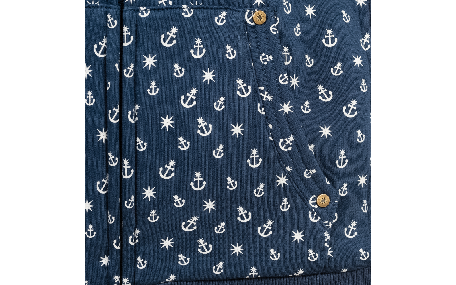 Dunkelblauer Stoff mit weißem Anker-Muster und Knöpfen