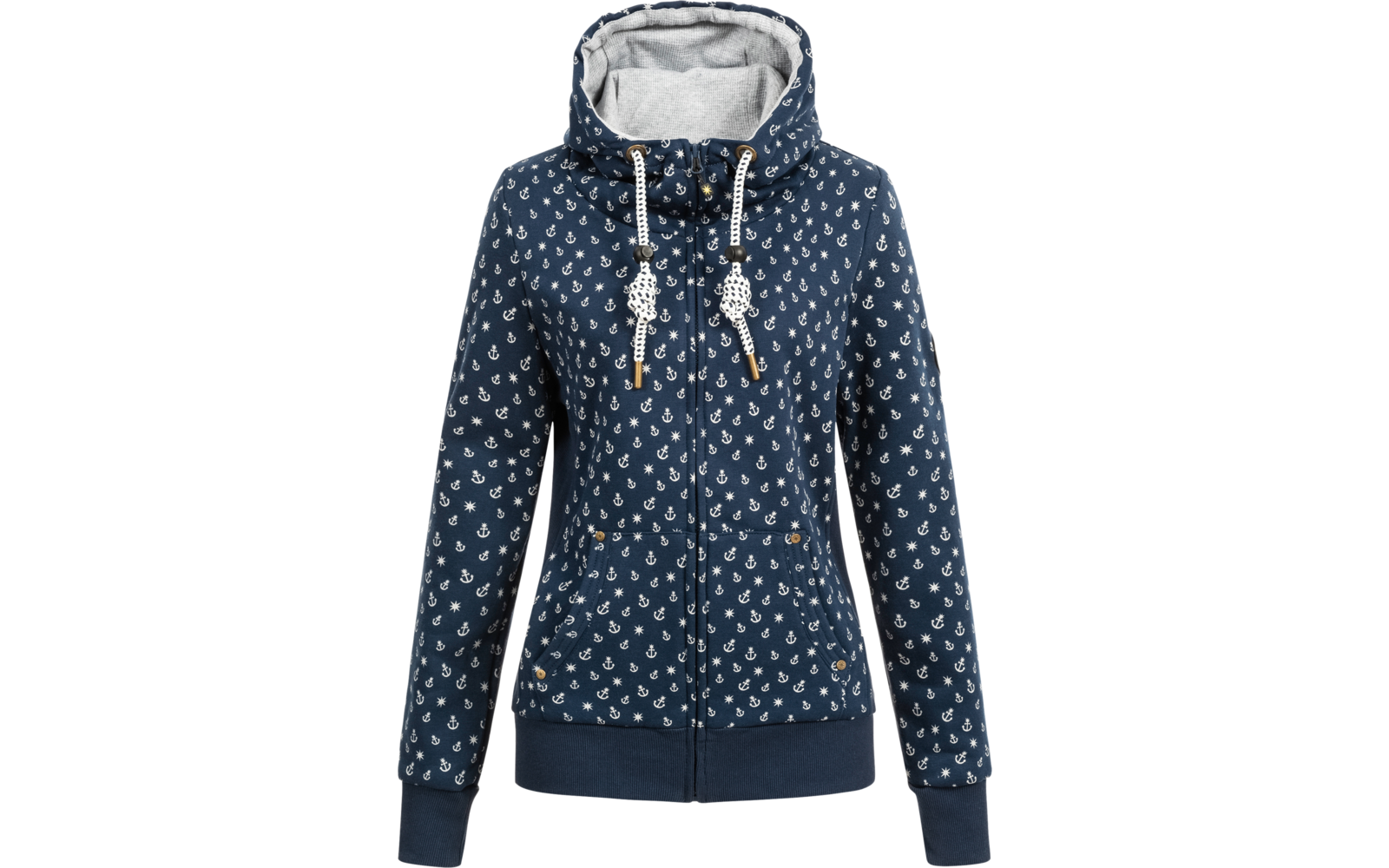 Dunkelblaue Kapuzenjacke mit weißem Muster und Reißverschluss