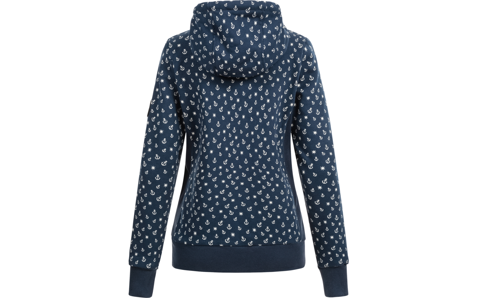 Rückansicht eines dunkelblauen Kapuzenpullovers mit weißen Punkten