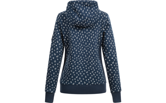 Rückansicht eines dunkelblauen Kapuzenpullovers mit weißen Punkten