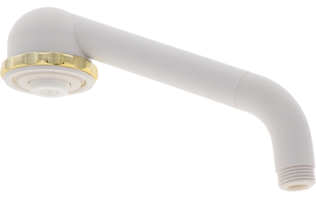 Tuyau courbé blanc avec embout rond, anneau de couleur dorée sur l'embout et filetage à l'autre extrémité