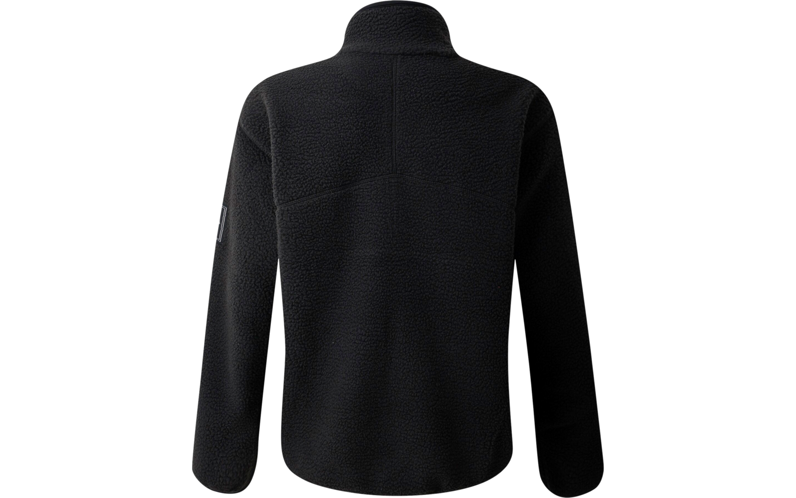 Schwarze Fleecejacke von hinten, mit Stehkragen und langen Ärmeln