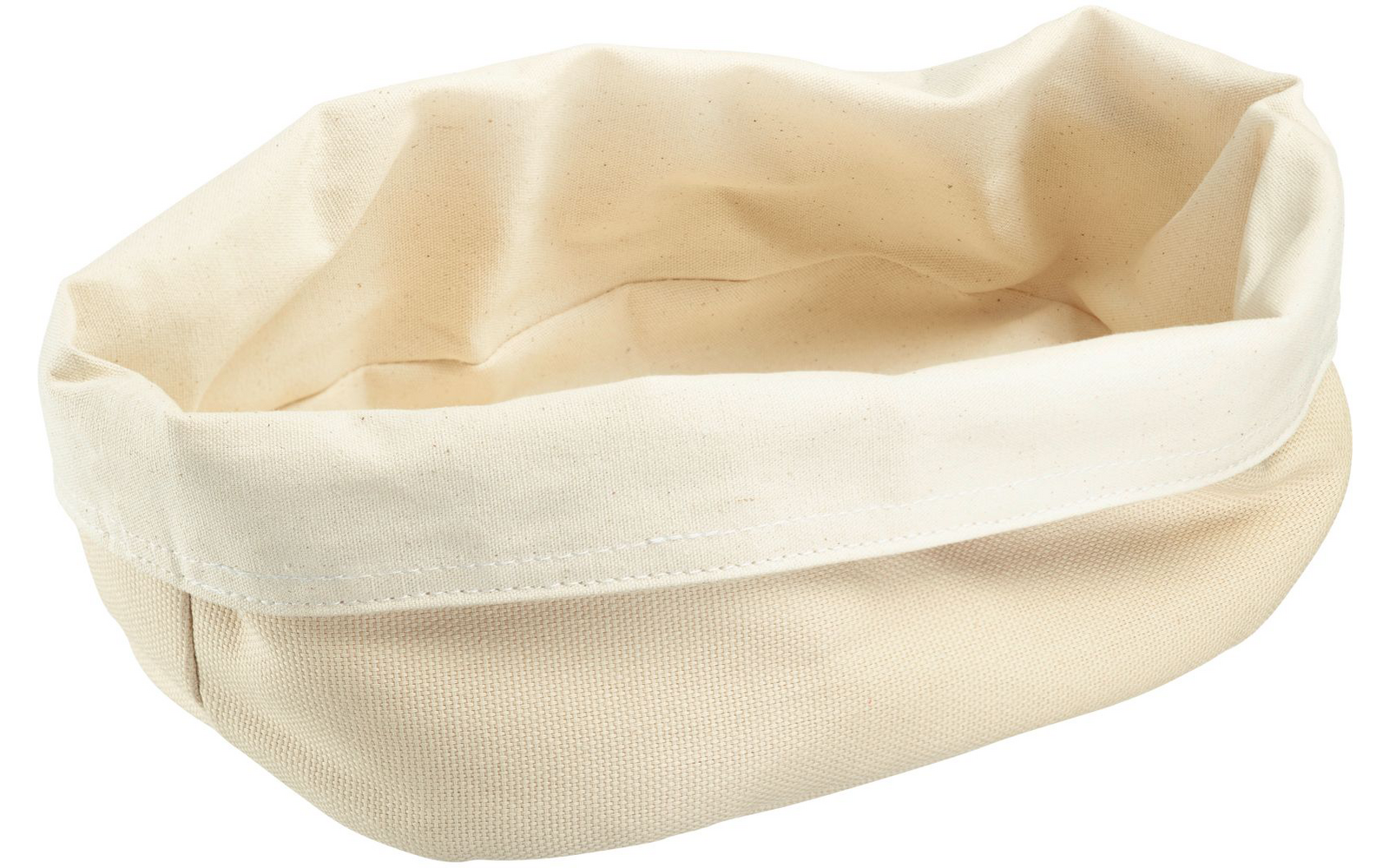 Empty rectangular cream-colored fabric object with folded top edge, soft sides and interior creases
