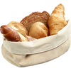 Fabric basket with a croissant, several bread rolls, a long sesame-topped roll and two slices of dark multigrain bread