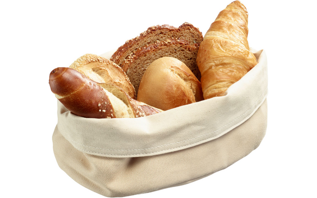 Fabric basket with a croissant, several bread rolls, a long sesame-topped roll and two slices of dark multigrain bread