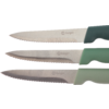 Tre coltelli seghettati affiancati con manici di plastica verdi, punte verso sinistra