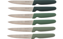 Sei coltelli con lame metalliche seghettate e manici verdi affiancati, logo sulle lame