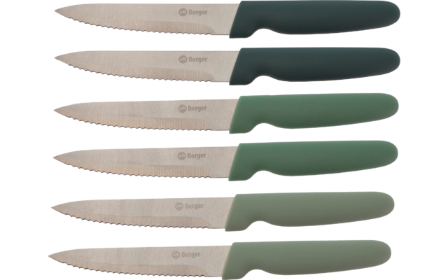 Sei coltelli con lame metalliche seghettate e manici verdi affiancati, logo sulle lame