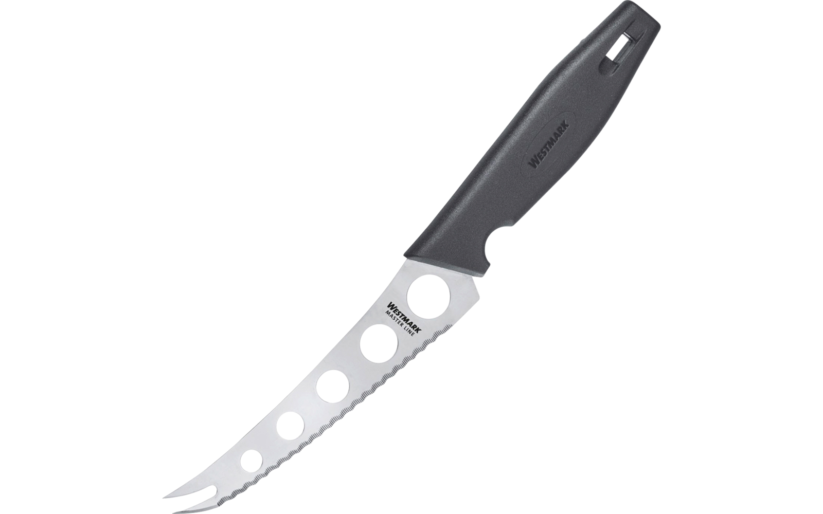 Couteau à fromage à lame dentelée en métal, plusieurs trous ronds, pointe fourchue et manche en plastique noir