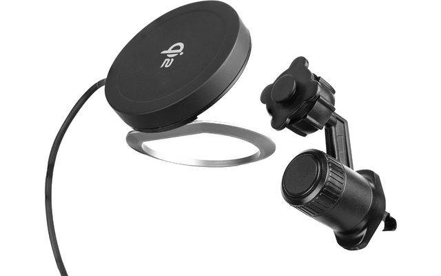 Zwart, rond Bluetooth-apparaat met ingebouwde clip en kabel