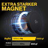 Ronde sterke magneet met blauwachtig lichteffect op zwarte achtergrond, gele tekst ‚EXTRA STERKE MAGNEET‘ erachter
