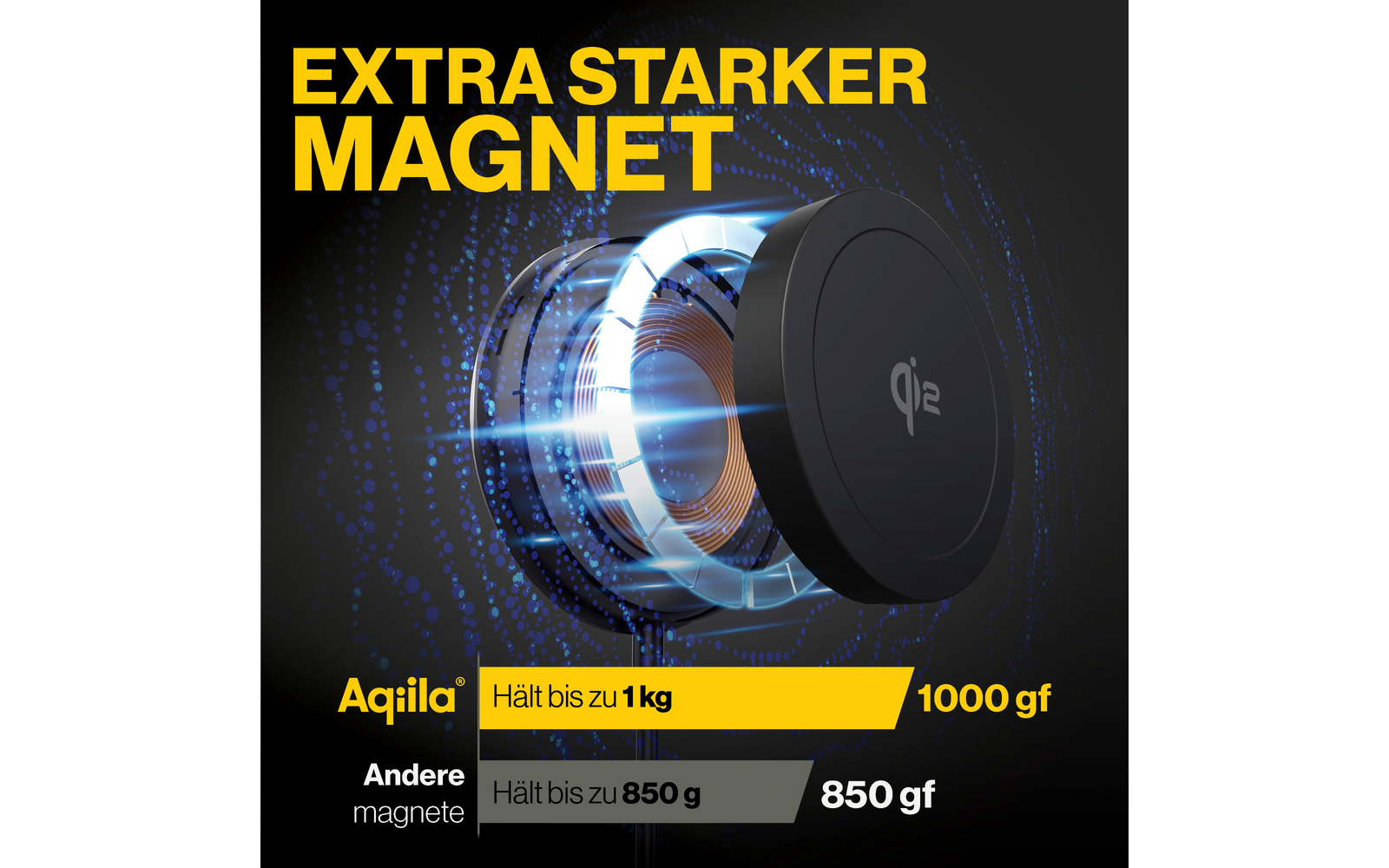 Ronde sterke magneet met blauwachtig lichteffect op zwarte achtergrond, gele tekst ‚EXTRA STERKE MAGNEET‘ erachter