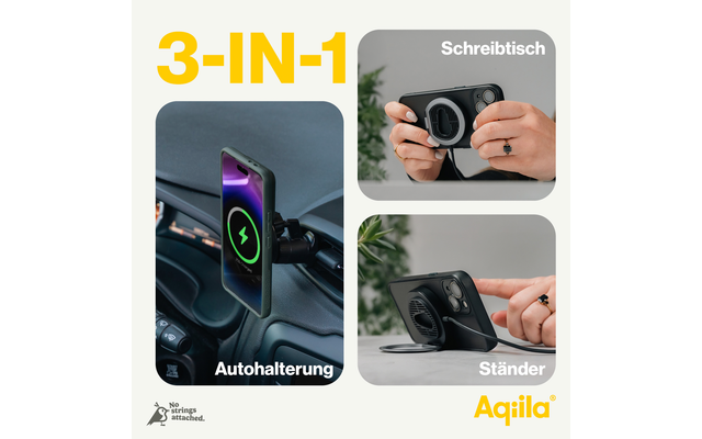 Productafbeelding van een zwarte 3-in-1 telefoonhouder met oplaadfunctie, getoond met verschillende gebruiksmogelijkheden