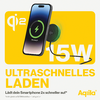 Smartphone op draadloze snellader met tekst “15W” en “ULTRASNEL LADEN”