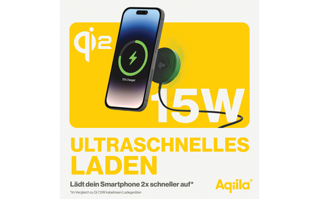Smartphone op draadloze snellader met tekst “15W” en “ULTRASNEL LADEN”