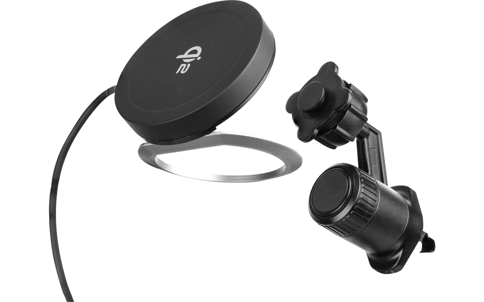 Appareil Bluetooth noir et rond avec clip intégré et câble