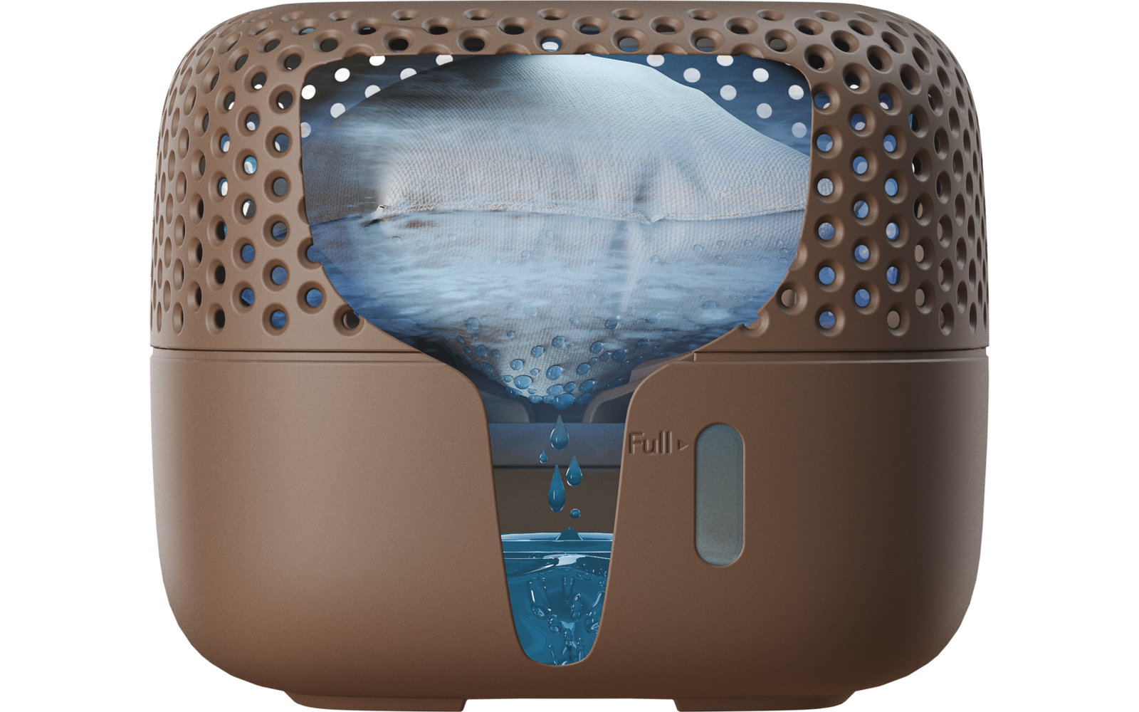Braune Luftbefeuchter mit blauer Wasserfüllung und Kondenswasser