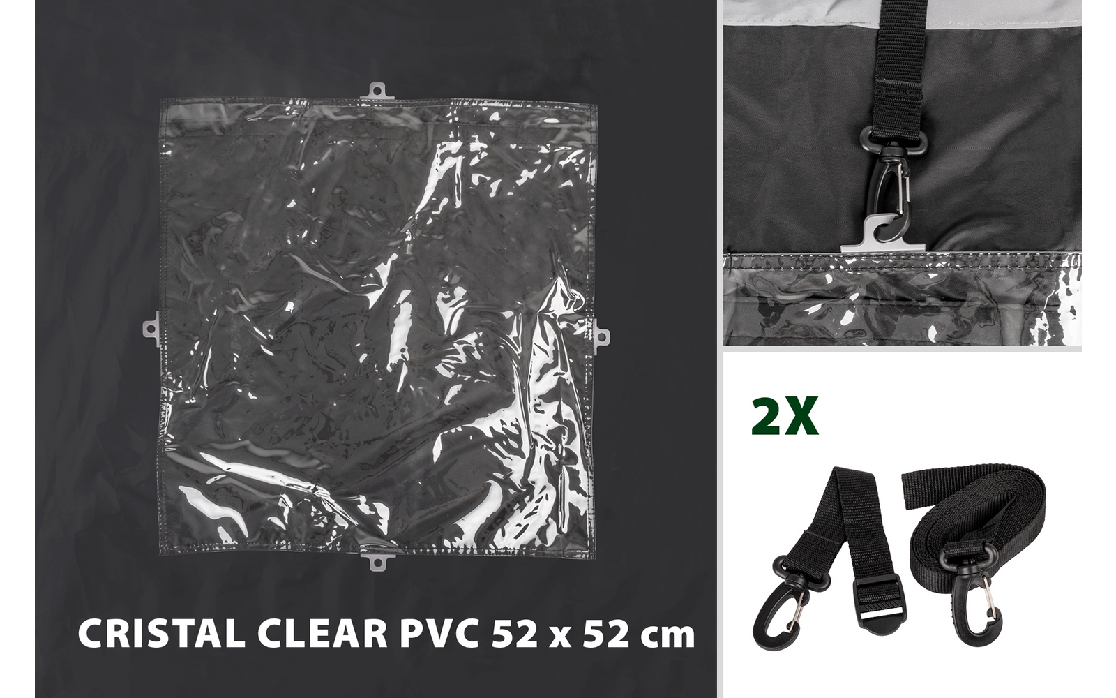 Busta quadrata trasparente in PVC 52 x 52 cm su sfondo scuro; in alto a destra primo piano di un gancio metallico su una cinghia nera; in basso a destra due cinghie nere con ganci metallici; testo visibile: CRISTAL CLEAR PVC 52 x 52 cm e 2X