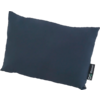Donkerblauw rechthoekig kussen met een label aan de zijkant