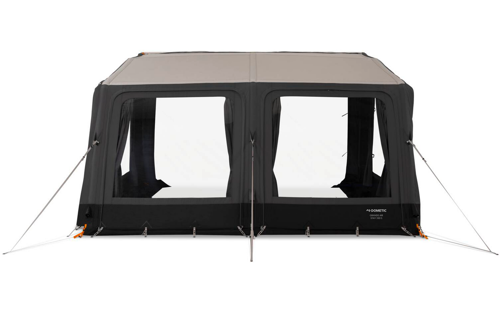 Großes rechteckiges Zelt mit hellgrauem Dach, schwarzem Unterteil und zwei rechteckigen Fenstern, Abspannleinen an den Seiten, weißer Hintergrund