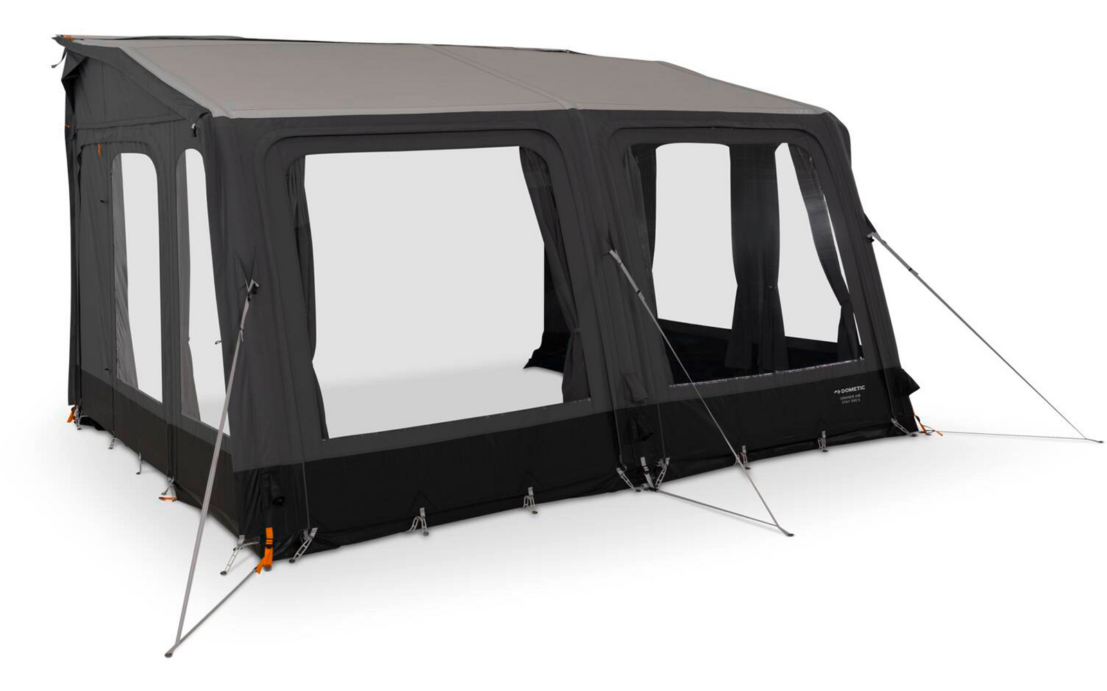 Dunkelgraues, rechteckiges Vorzelt mit drei großen Fensterflächen vorne, seitlichen Fenstern, schwarzen Fensterrahmen, Zeltstangen, Abspannleinen und Befestigungspunkten